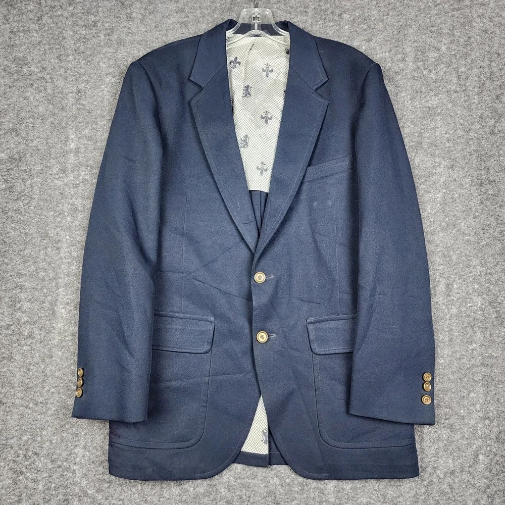 JCPenney Comfort Blazer Mens Size 40R Navy Blue Gold Crest Button Preppy Classic