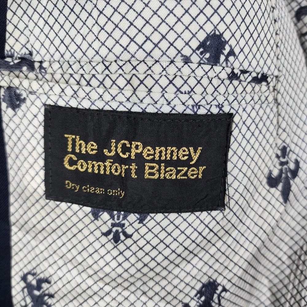 JCPenney Comfort Blazer Mens Size 40R Navy Blue Gold Crest Button Preppy Classic