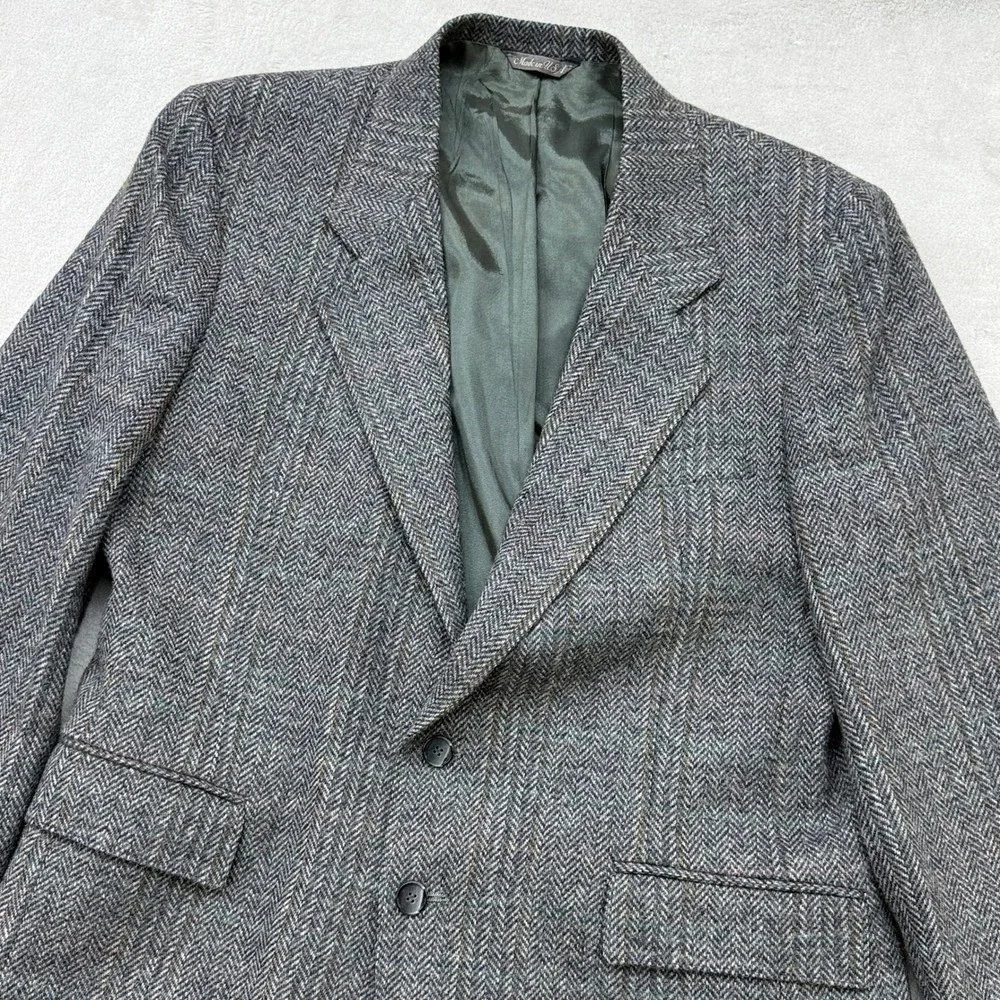 Vintage Levi's Sport Coat Mens 42R Grey Herringbone Tweed Wool Blazer Plaid