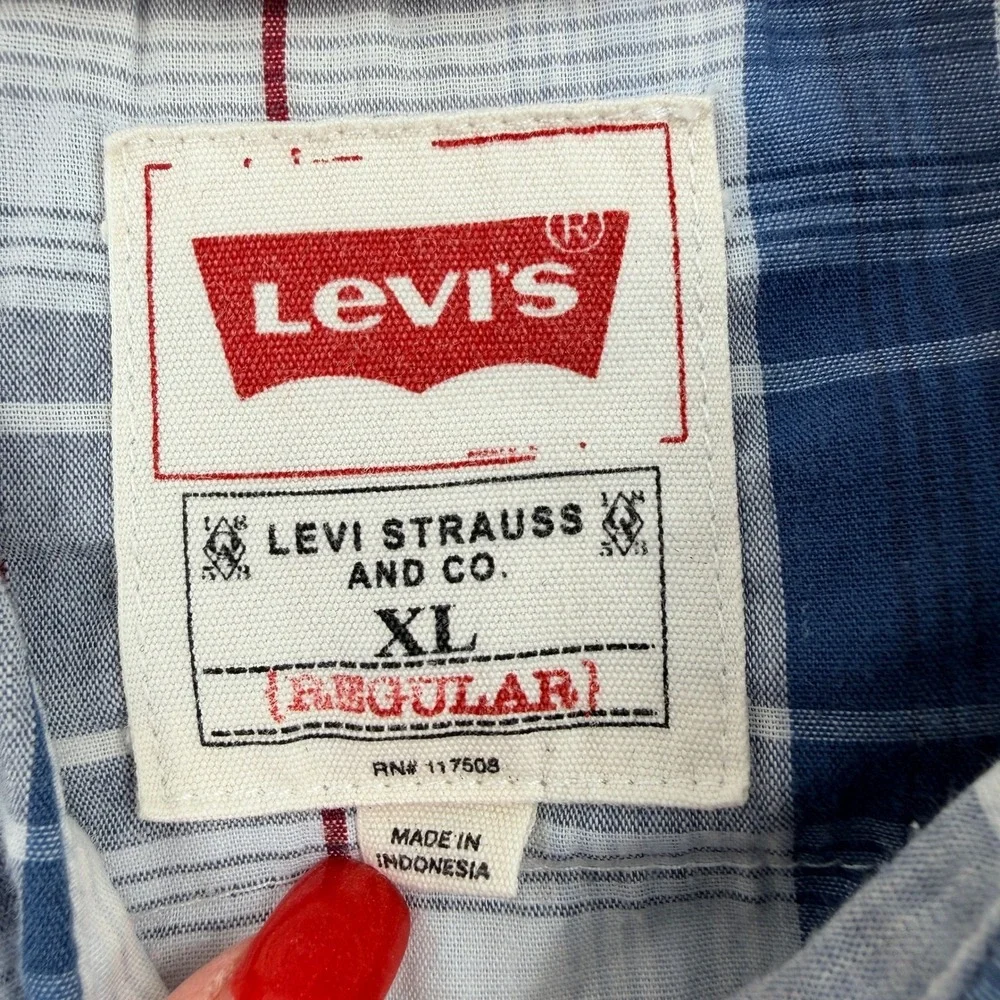 Levis Men XL Western Snap Shirt  Blue Plaid Regular Fit Pearl Snap 3LMLW0073