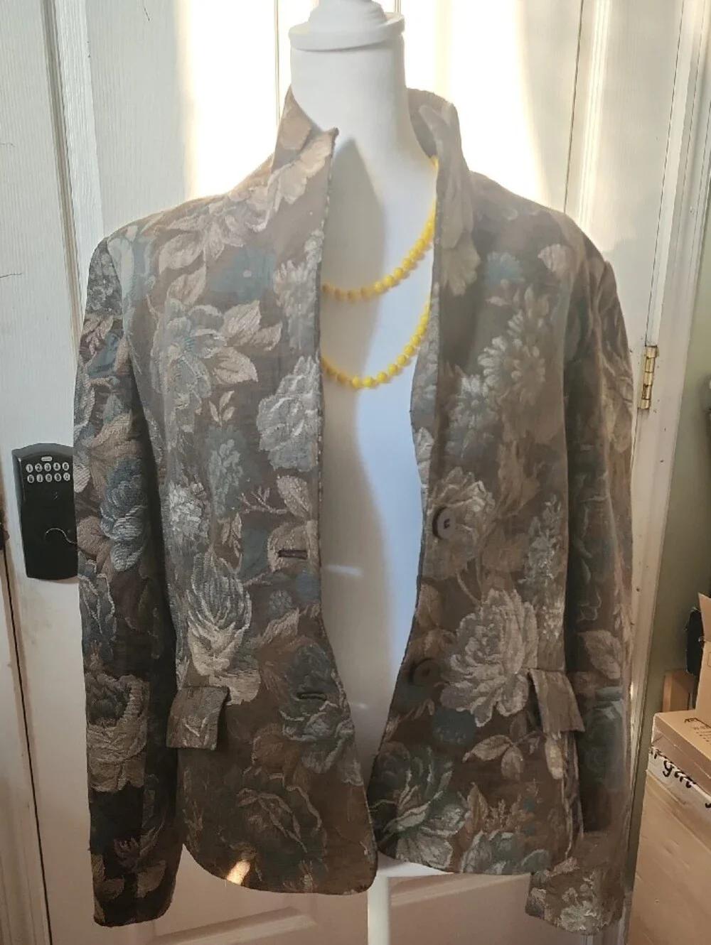 Grace Elements Taupe Floral Blazer with Blue and Cream Accents