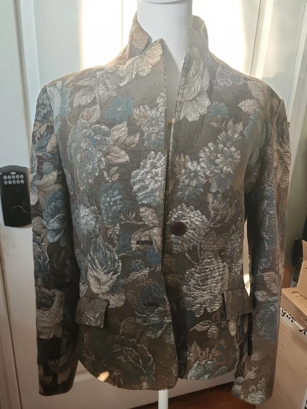 Grace Elements Taupe Floral Blazer with Blue and Cream Accents