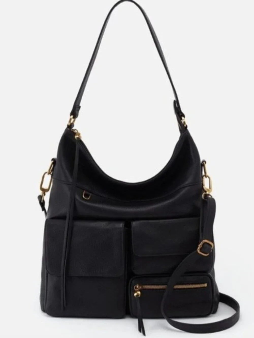 HOBO Black Leather Hobo Shoulder Bag with Gold Hardware