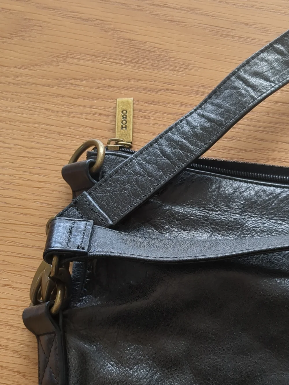 HOBO Black Leather Hobo Shoulder Bag with Gold Hardware