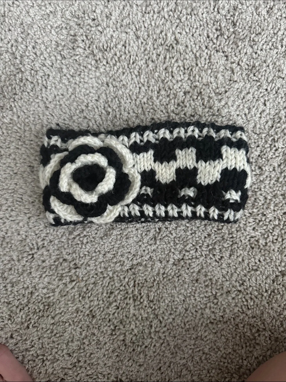 Hand-Knit Black & White Floral Ear Warmer Headband