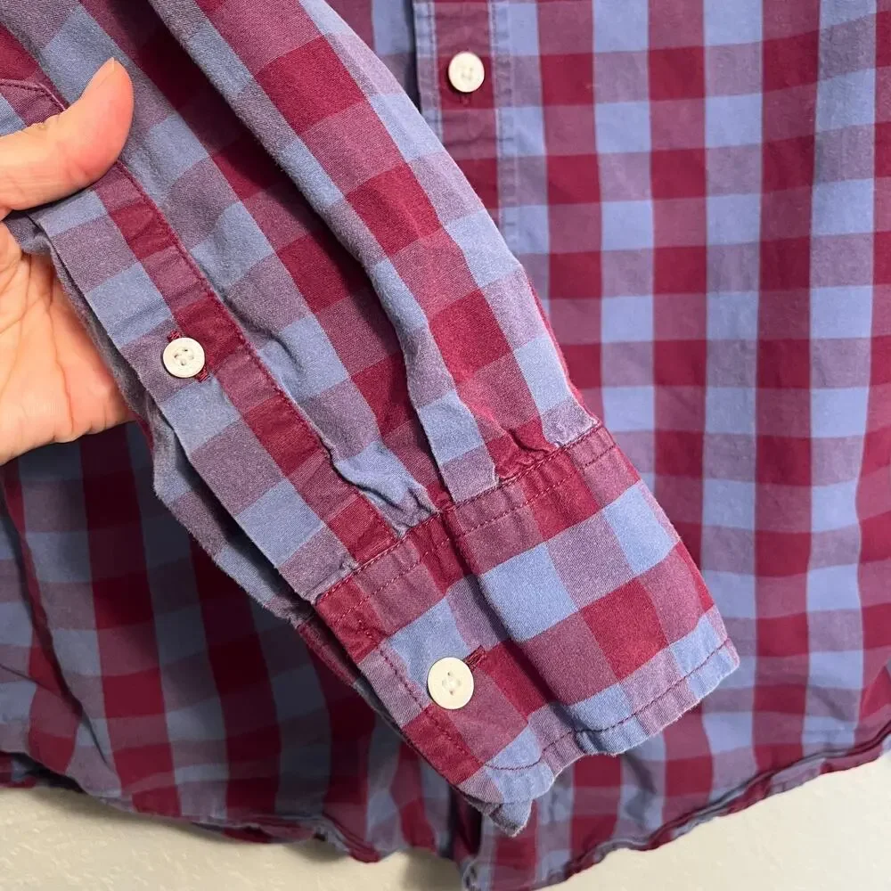 J CREW 100% Cotton Blue Burgundy Gingham Button Down Long Sleeve Shirt Men XS