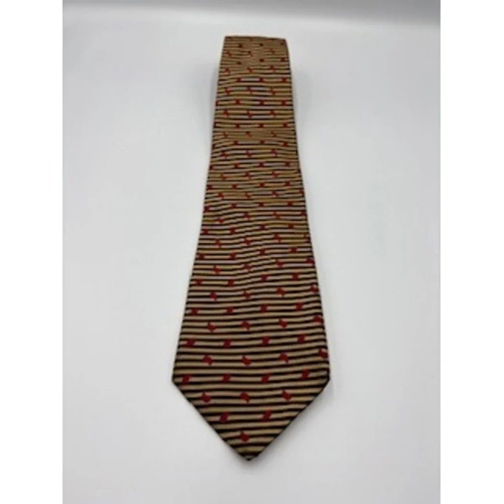 TOM JAMES‎ 100% Silk Tie Gold Navy Red Paisley Striped Handmade Business Classic
