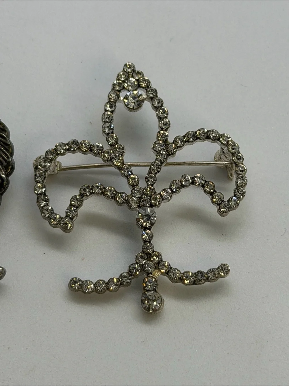 Silver-Tone Rhinestone Fleur-de-Lis and Heart Brooch Duo - Silver