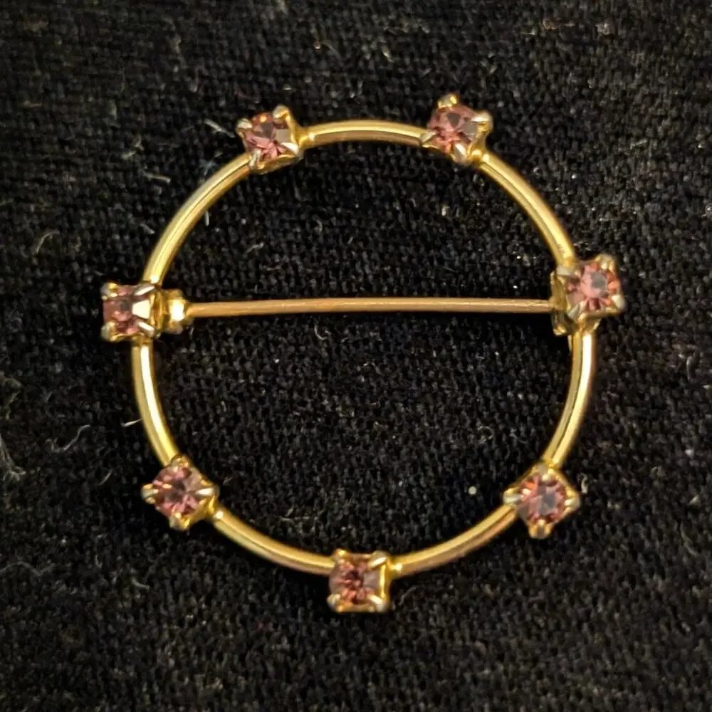 Vintage Gold Tone Circle Brooch W/ Purple Colored Crystals