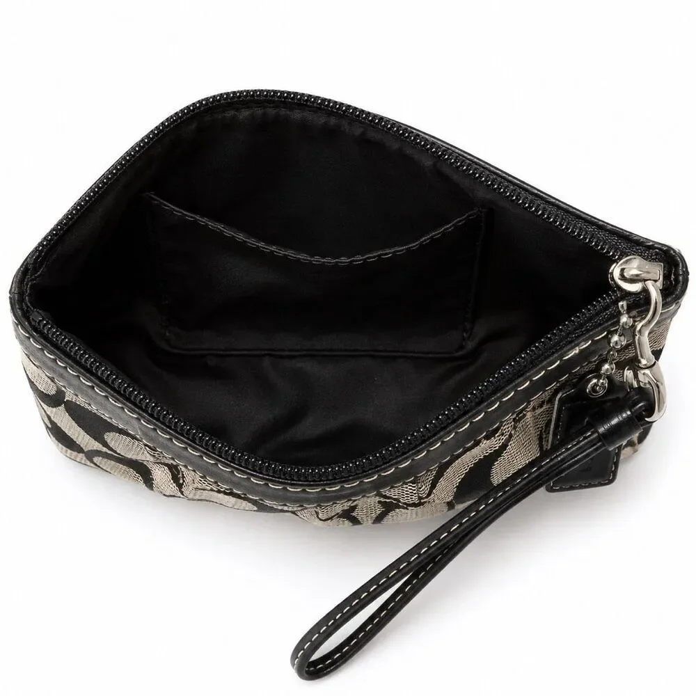 Coach Signature Soho Jacquard Wristlet Black Beige Canvas Leather Zip Clutch