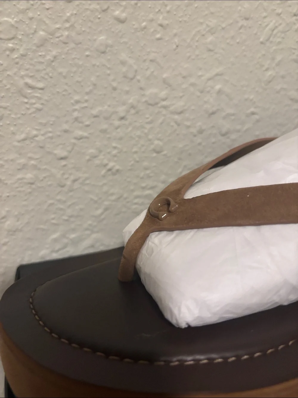 Coach Men's Tan Suede Platform Thong Sandals with Buckle