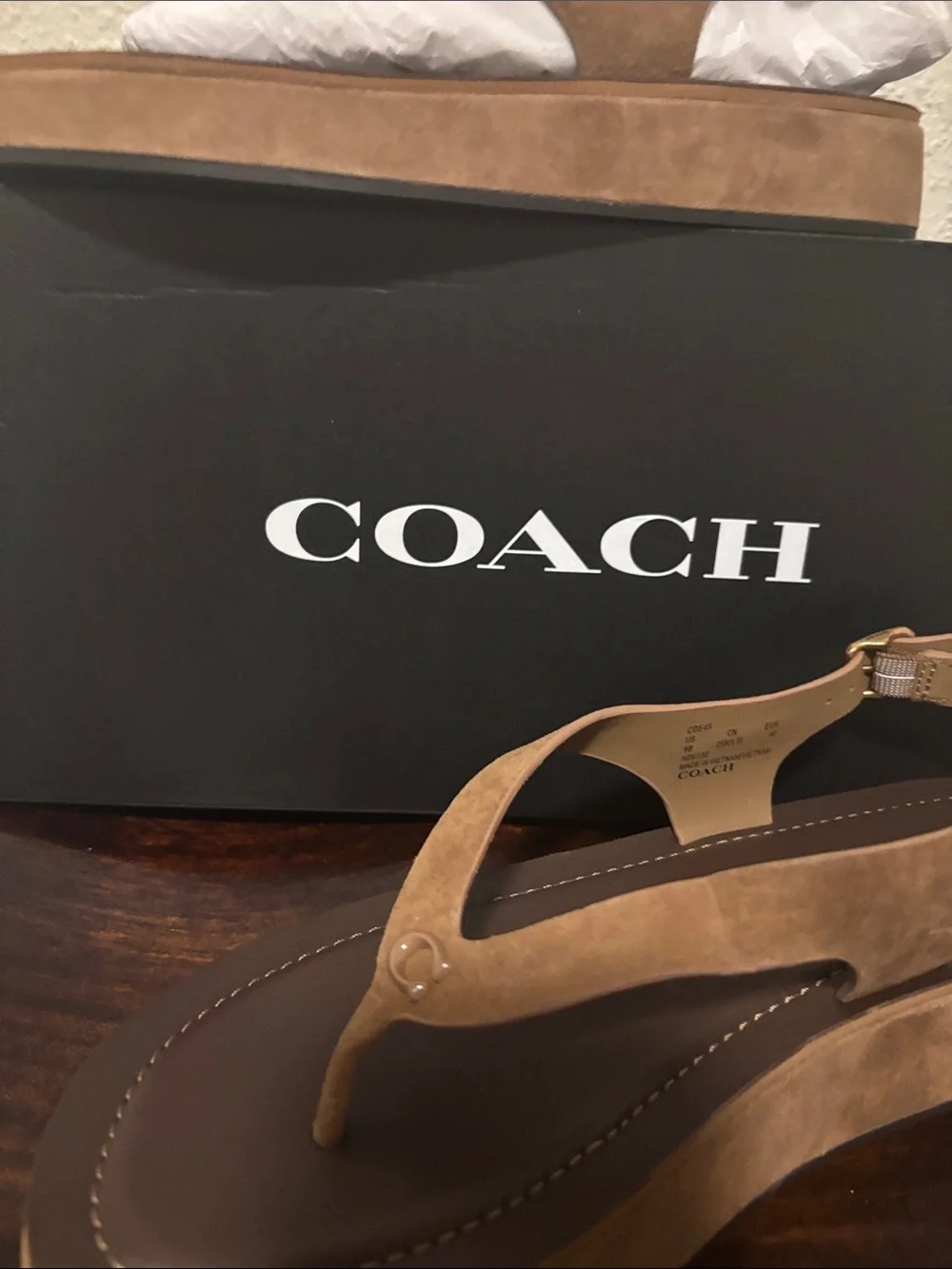 Coach Men's Tan Suede Platform Thong Sandals with Buckle