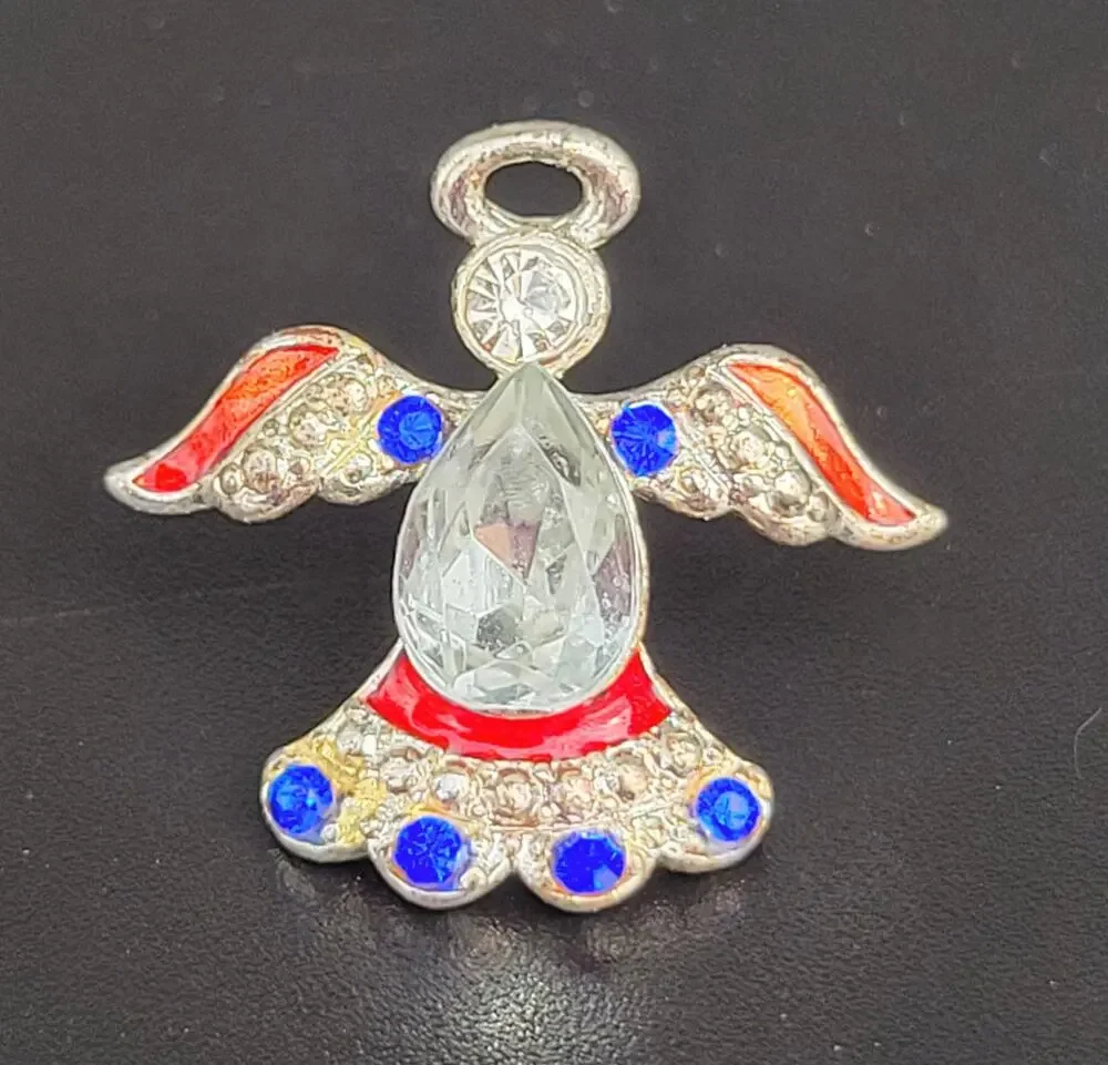 Crystal & Enamel Angel Lapel Pin Red Blue Accents 1 in Religious Patriotic USA