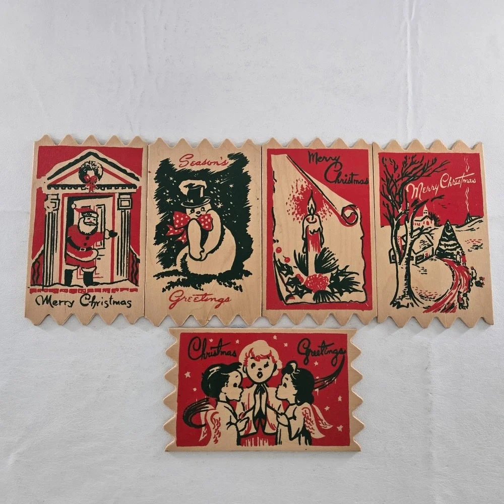 Merry Christmas Season's Greetings Wood Postcards Lot Of 5 New ATTCO-227 Holiday