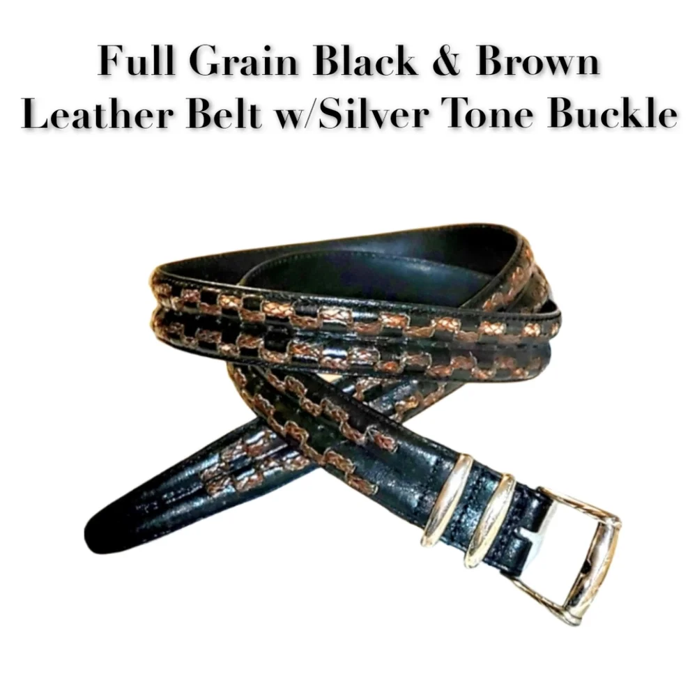 Full Grain Black & Brown Leather Belt with Silver Tone Buckle