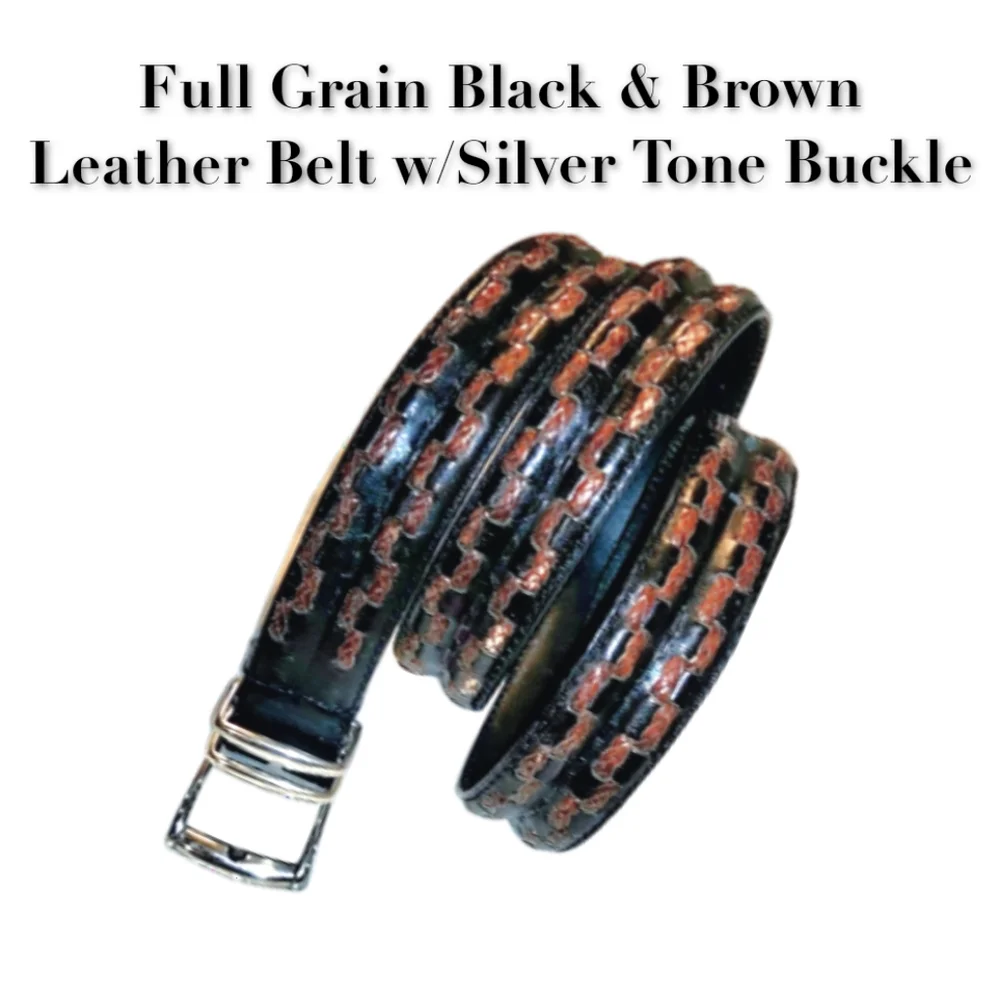 Full Grain Black & Brown Leather Belt with Silver Tone Buckle