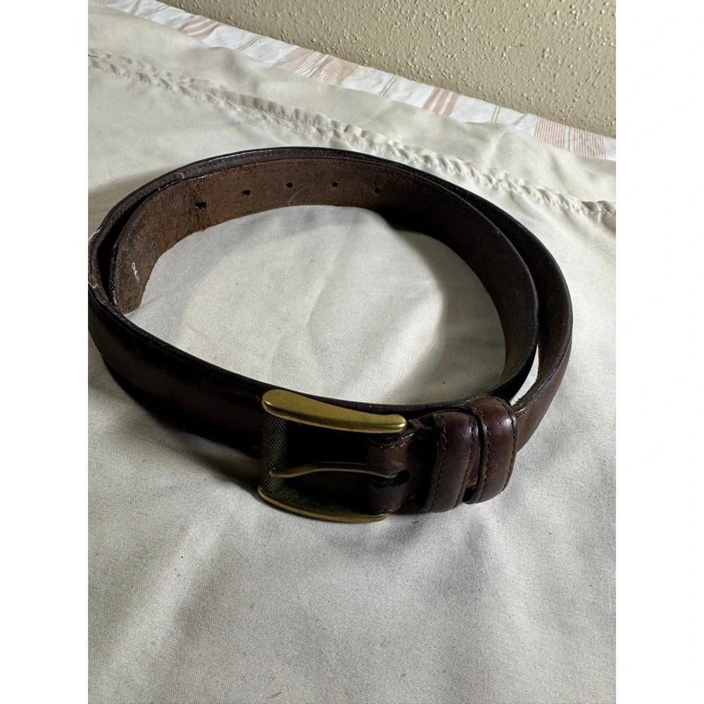 Brown Genuine Leather Double Prong Belt Brass Buckle 39 inches