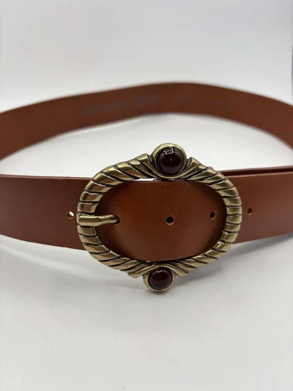 Bronzino Genuine Leather Brown Belt with Ornate Brass and Stone Buckle