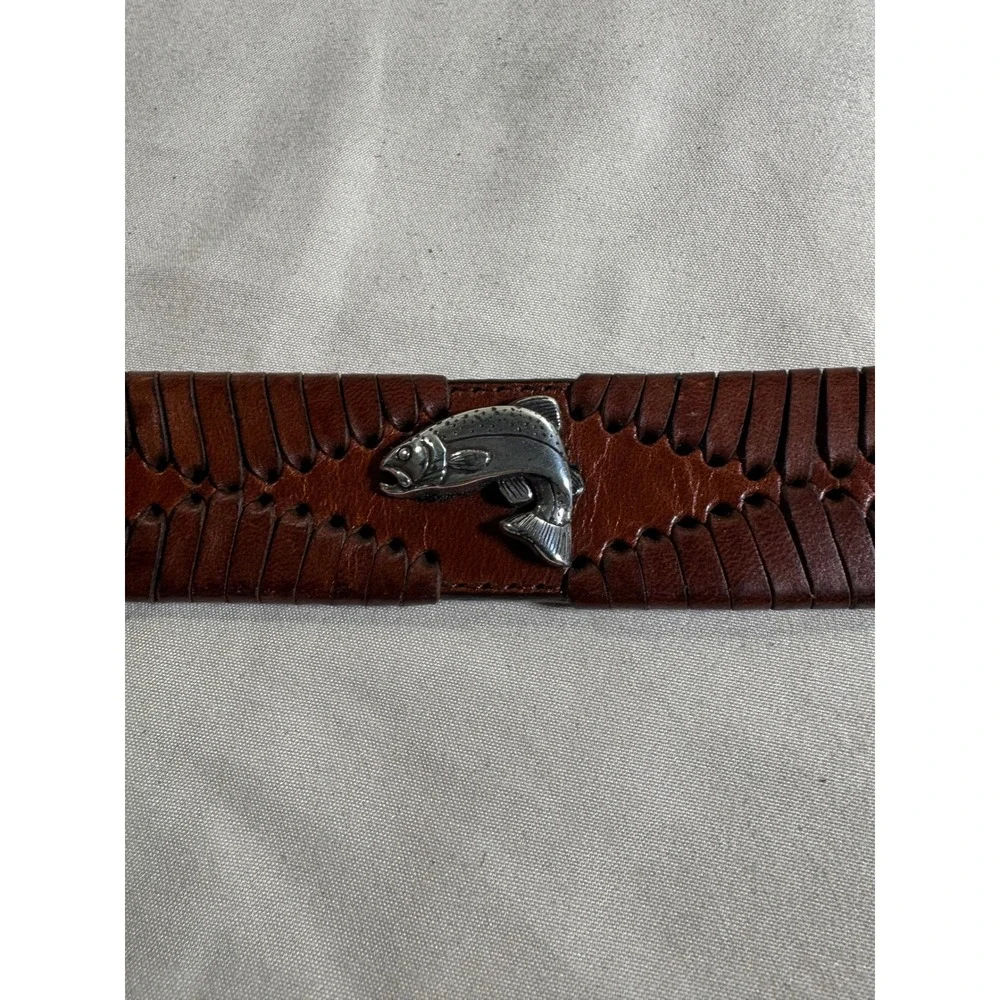 Brighton Mens Brown Leather Fly Fishing Trout Belt Silver Conchos Size 38
