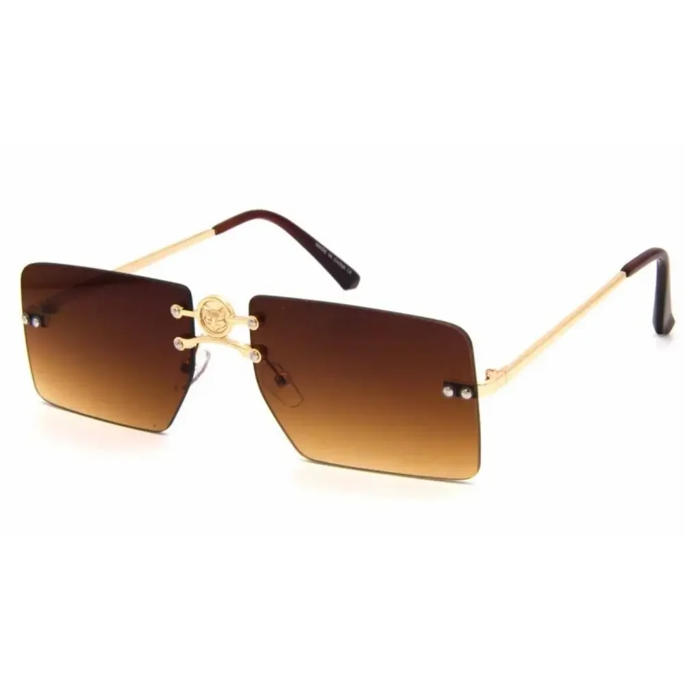 Rimless Sunglasses Square Brown‎ Gradient Lens Gold Accents Fashion Shades Gafas