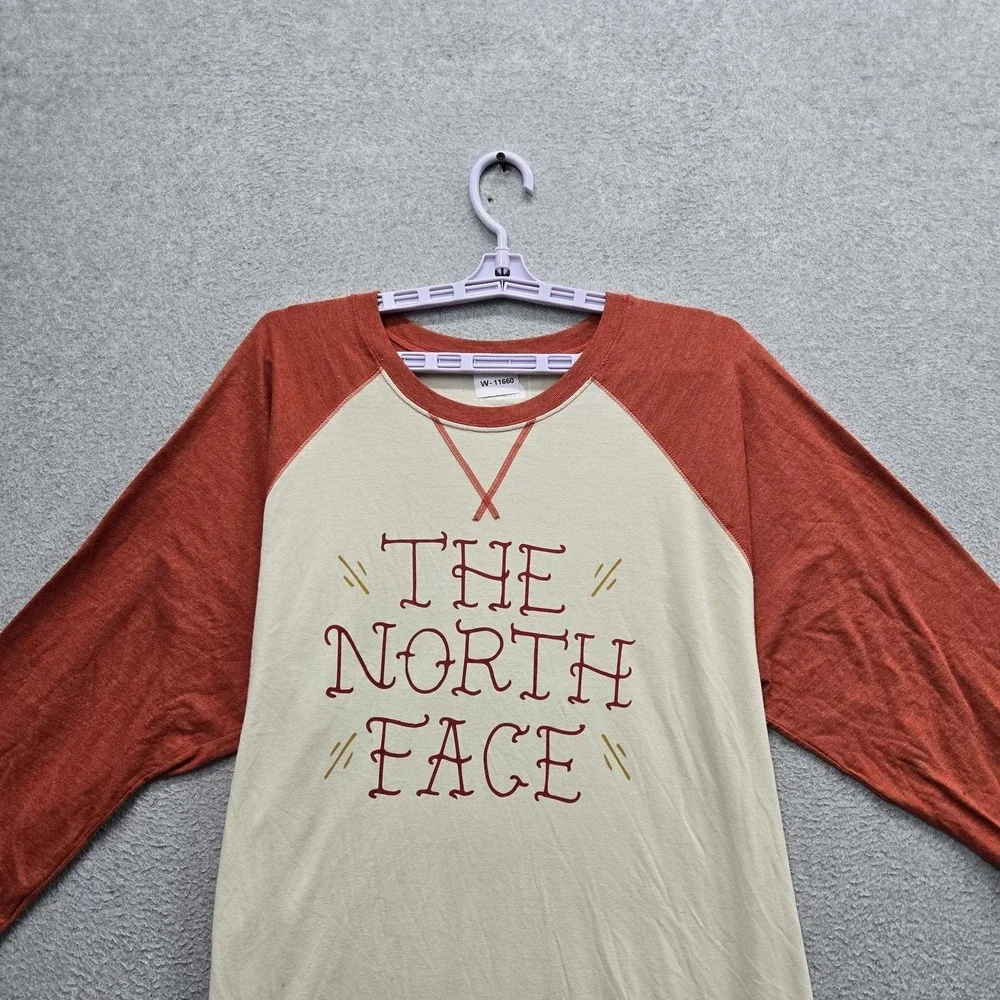 The North Face Men Shirt XXL Cream Logo Spellout Raglan Classic 3/4 Sleeve