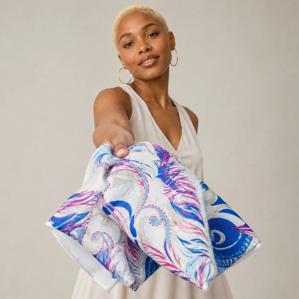 Alberto Serra Scarf Women Blue Pink White Tropical Paisley Feather Print Shawl