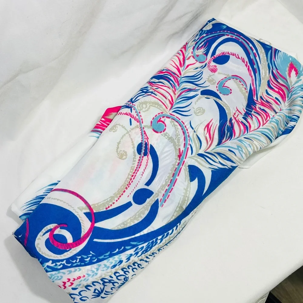 Alberto Serra Scarf Women Blue Pink White Tropical Paisley Feather Print Shawl