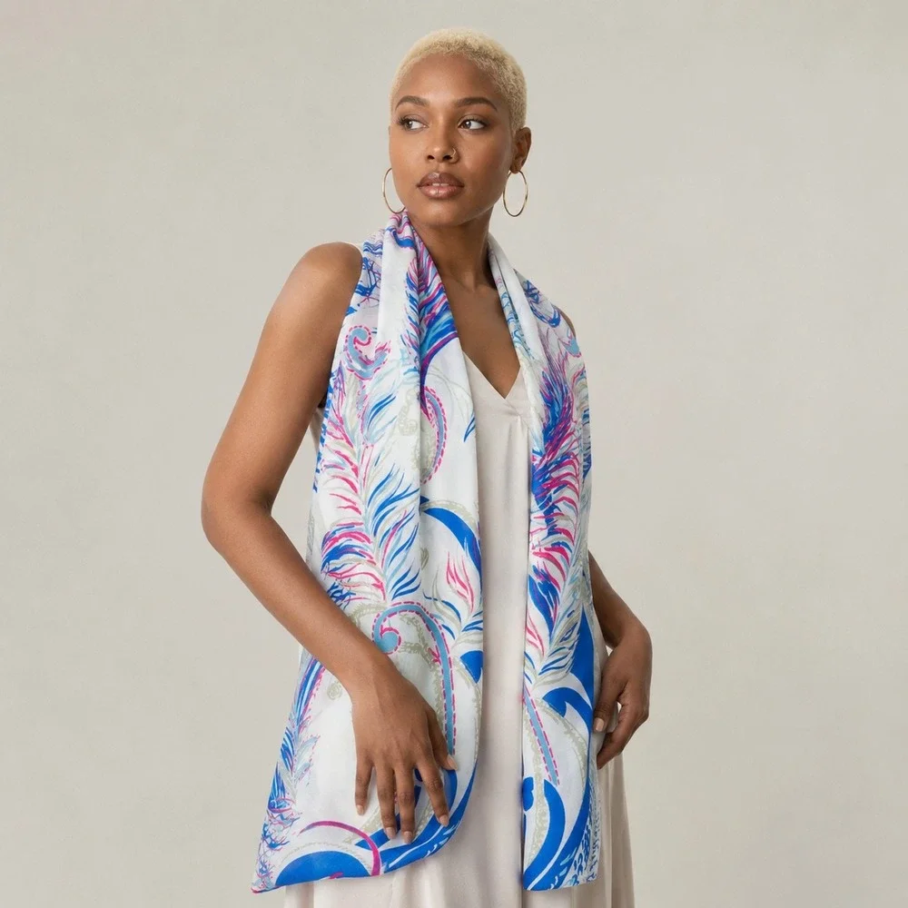 Alberto Serra Scarf Women Blue Pink White Tropical Paisley Feather Print Shawl