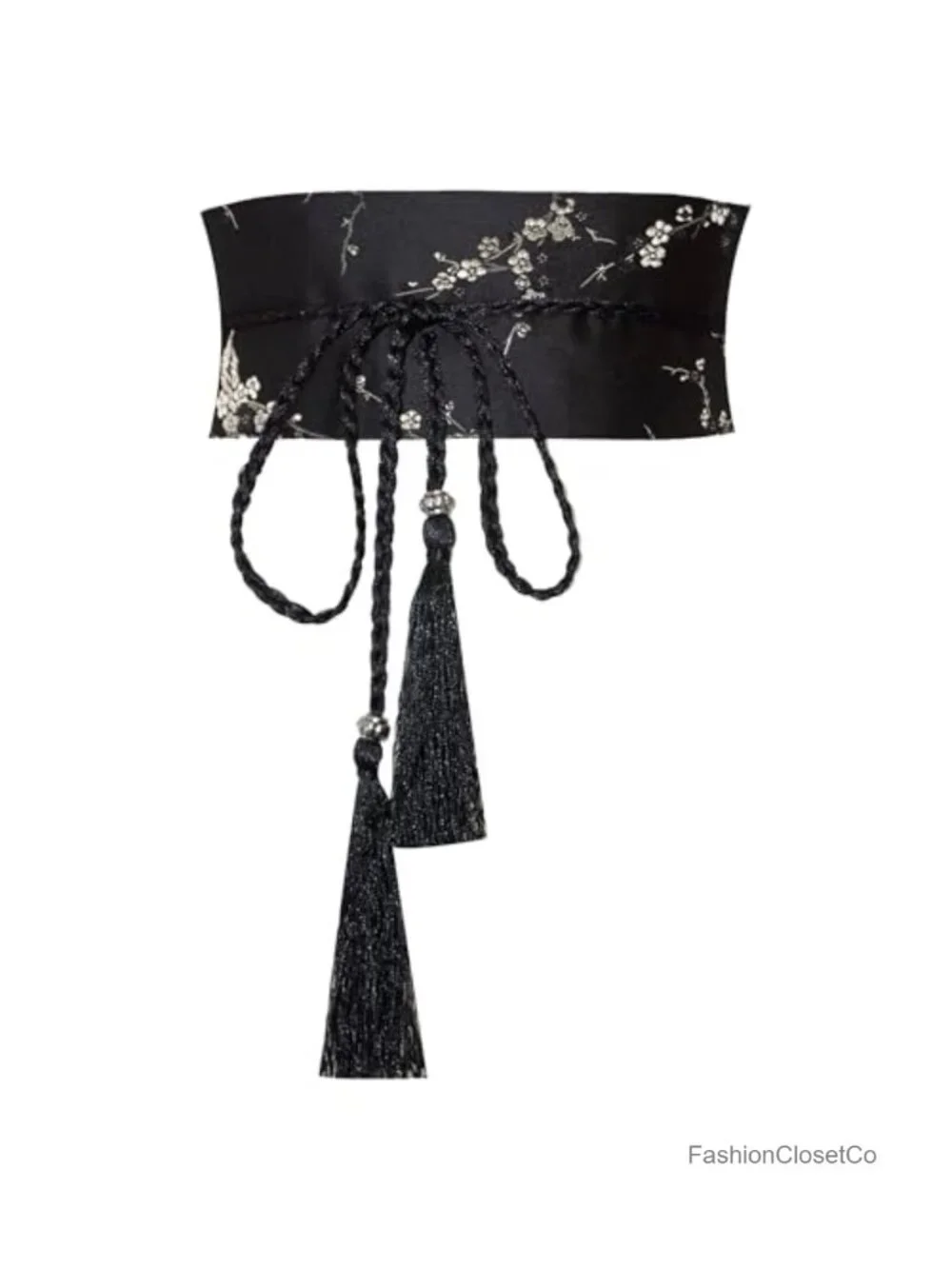 Floral Brocade Hanfu Obi Sash Belt with Tassel Traditional Chinese