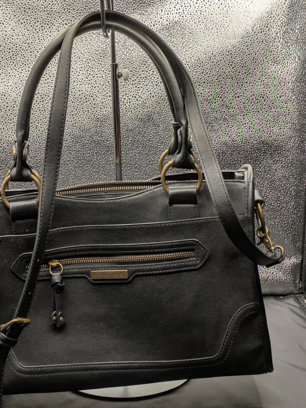 FRYE AND CO. Black Faux Leather Satchel with Brass Hardware