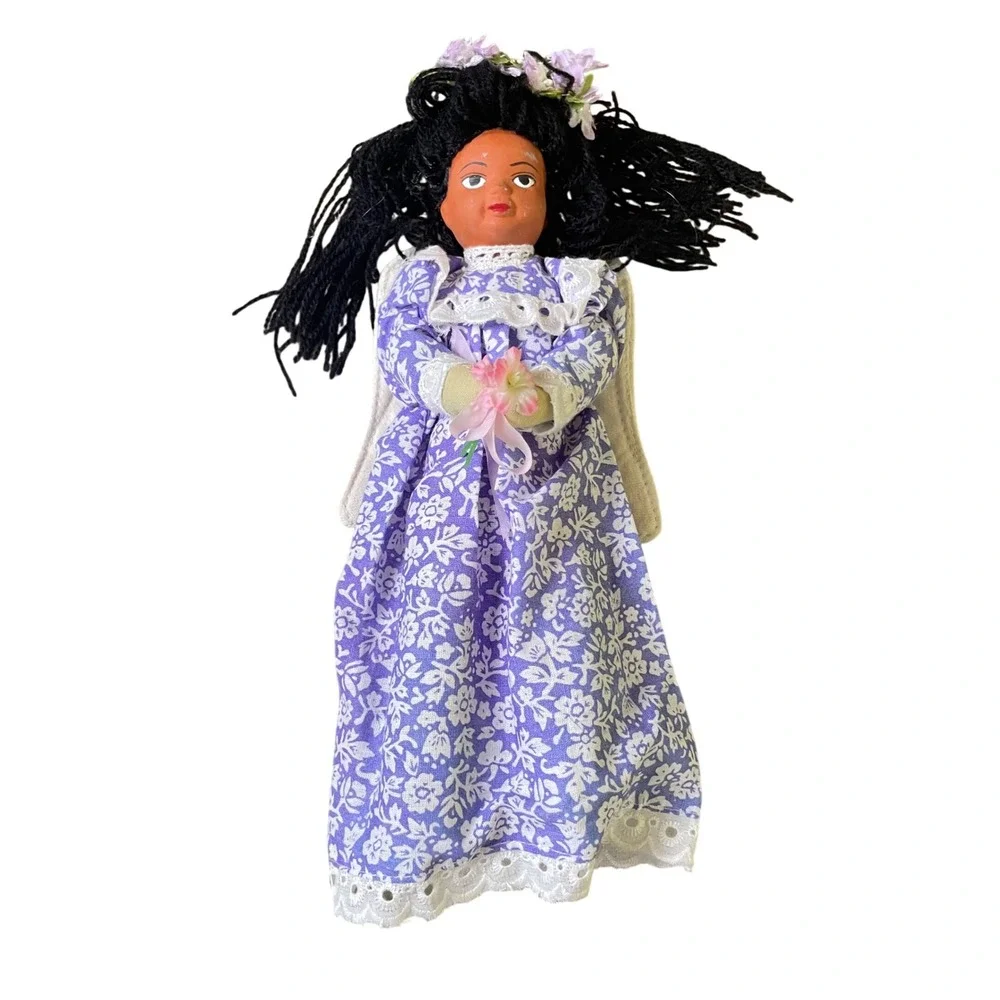 Vintage‎ Hawaiian Floral Angel Doll Purple White Dress Handmade Folk Art Decor