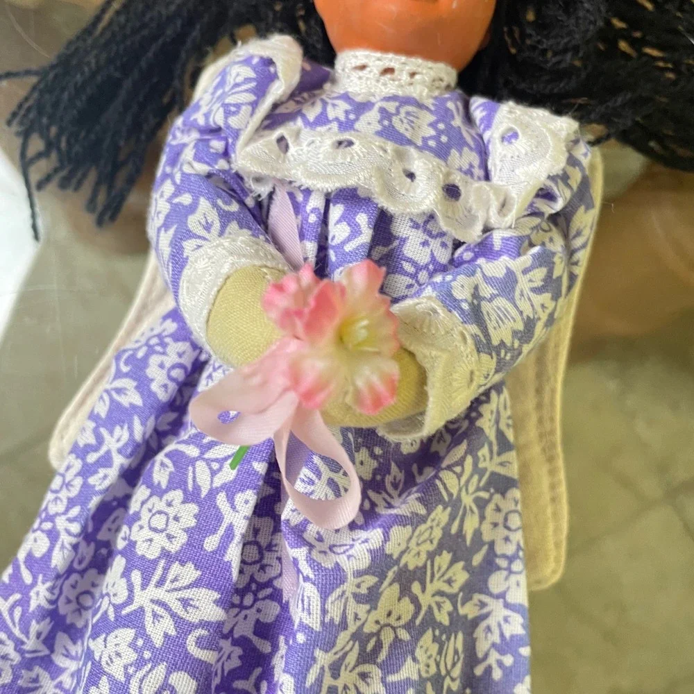 Vintage‎ Hawaiian Floral Angel Doll Purple White Dress Handmade Folk Art Decor