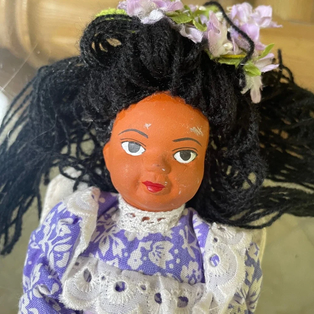 Vintage‎ Hawaiian Floral Angel Doll Purple White Dress Handmade Folk Art Decor