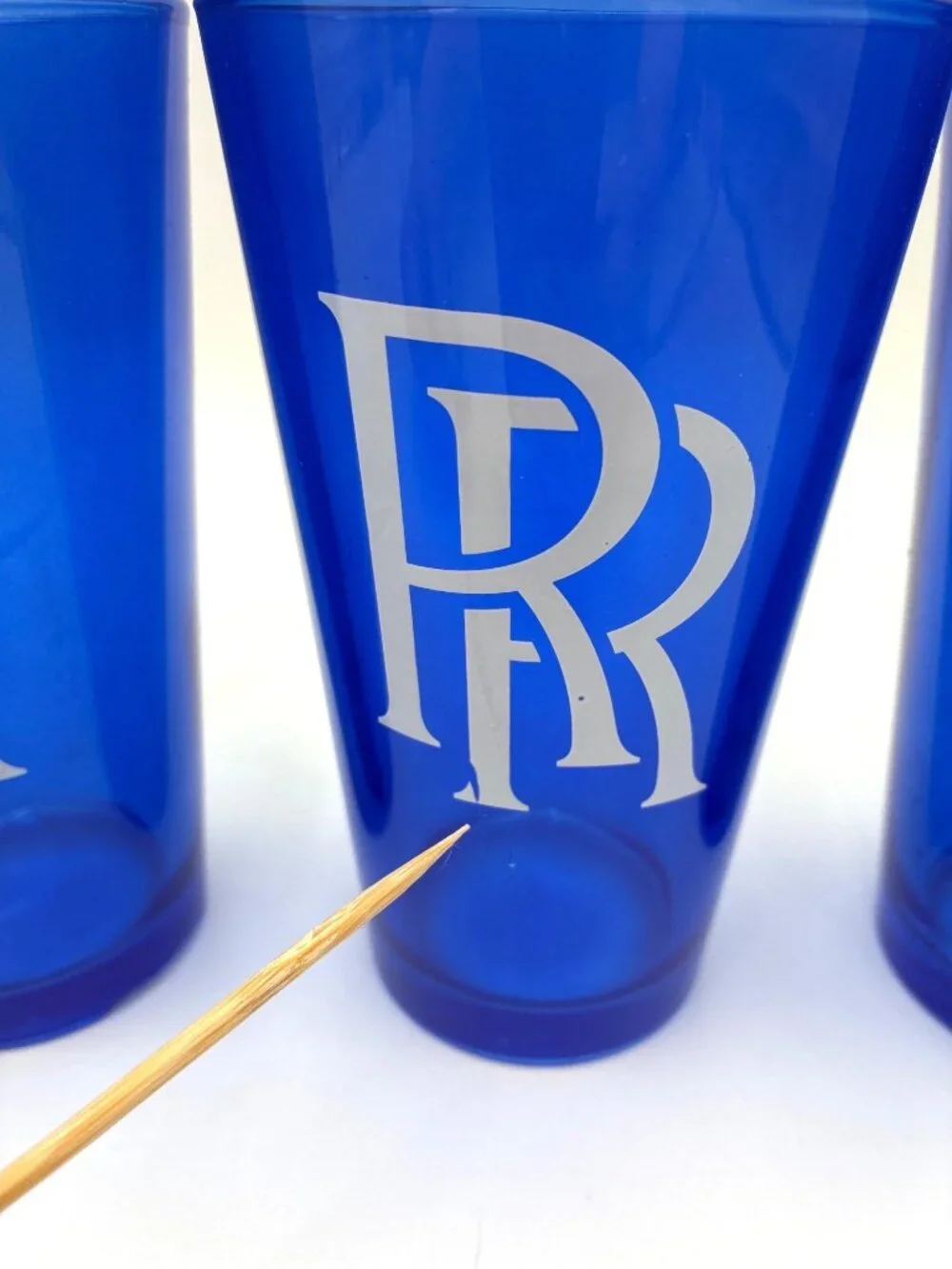 Set Of 4 Rolls-Royce RR Logo Drinking Glass Blue Frosted White Logo 16oz