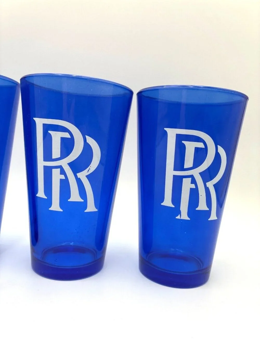 Set Of 4 Rolls-Royce RR Logo Drinking Glass Blue Frosted White Logo 16oz