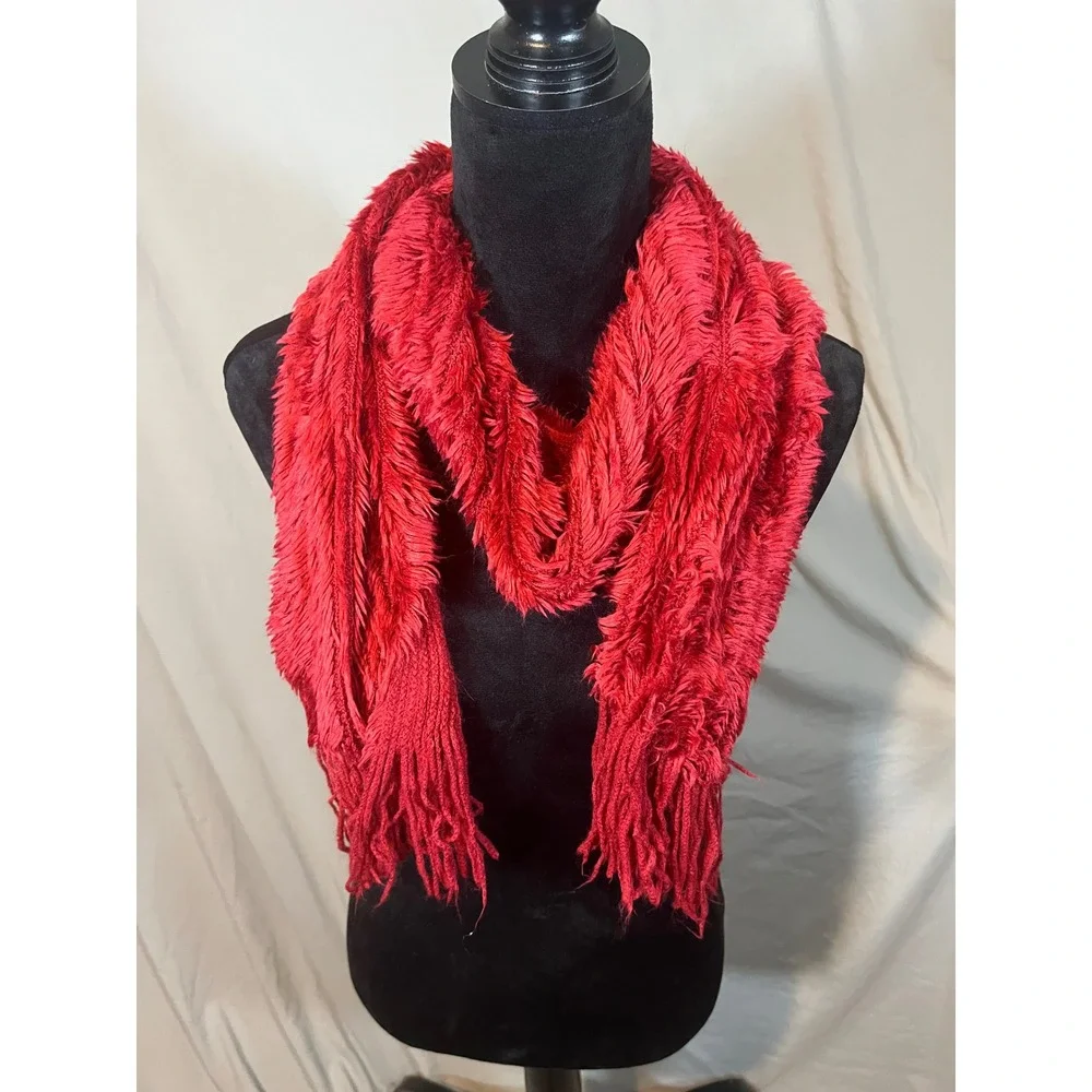 Red Eyelash Knit Shaggy Faux Fur Trim Ribbed Scarf with Fringe Statement Red‎