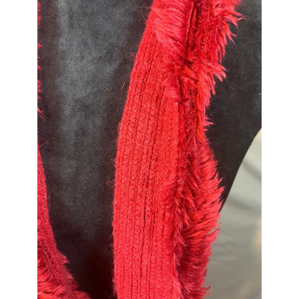 Red Eyelash Knit Shaggy Faux Fur Trim Ribbed Scarf with Fringe Statement Red‎