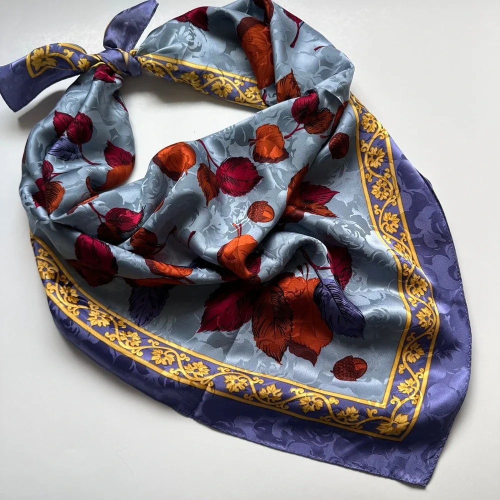 R. Zanghellini Silk Hand Made Floral Fall Autumn Leaves Scarf‎ Blue Purple