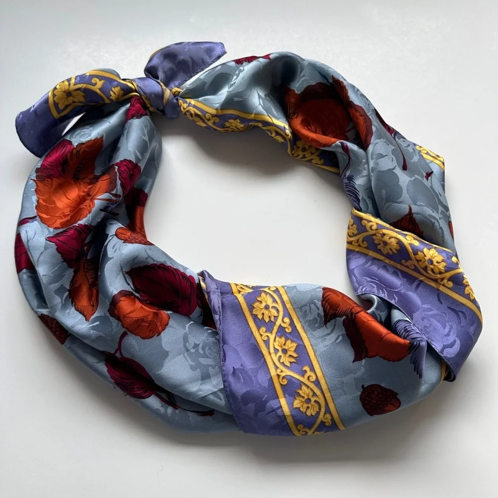 R. Zanghellini Silk Hand Made Floral Fall Autumn Leaves Scarf‎ Blue Purple