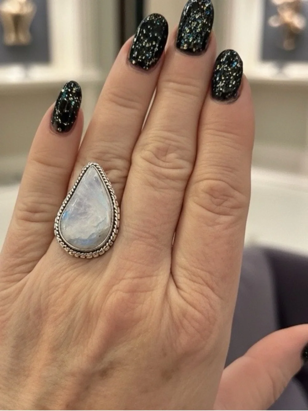 Sterling Silver Teardrop Moonstone Ring -‎ White