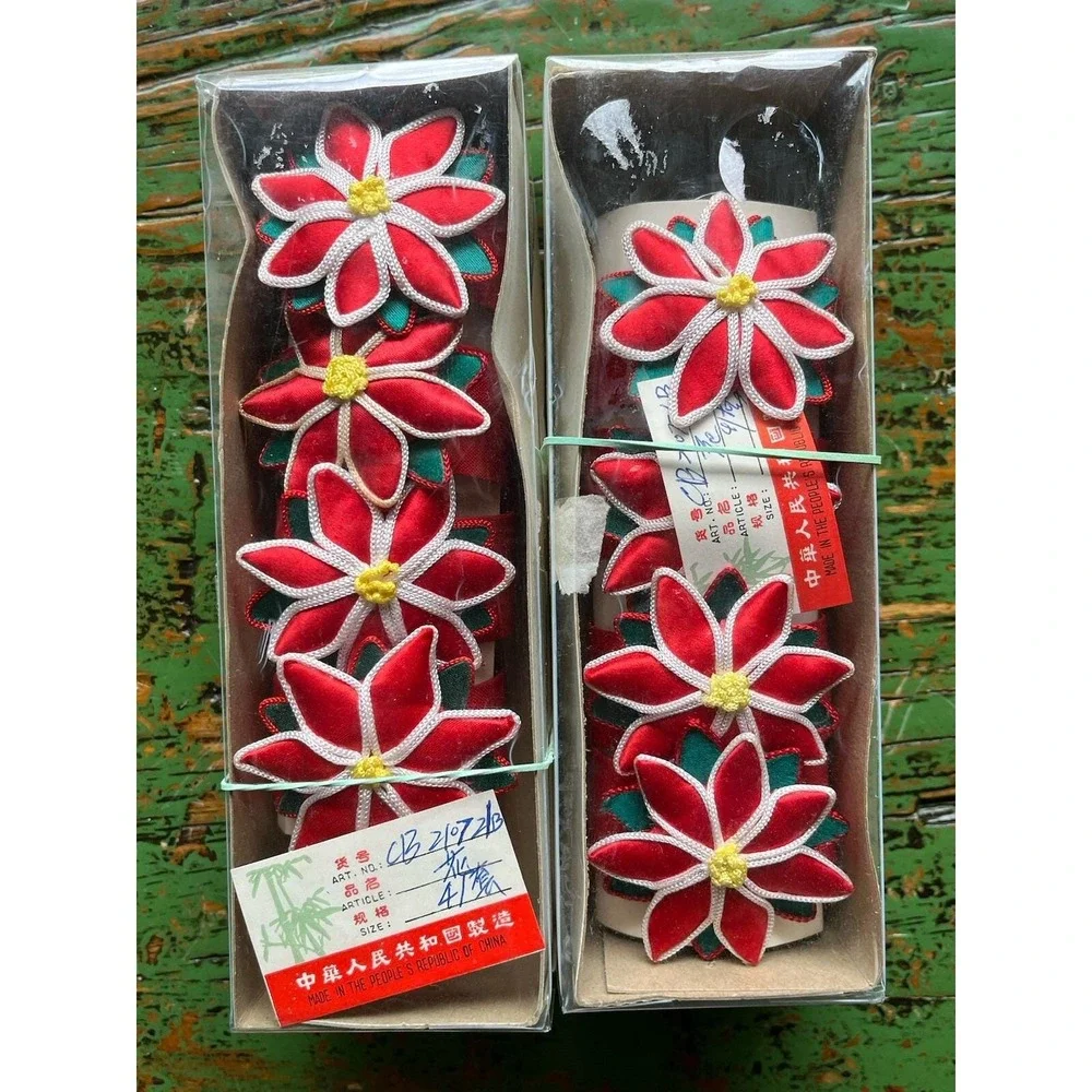 Christmas Poinsettia Cloth Material Napkin‎ Rings Holders Set Of 4 Orig Box