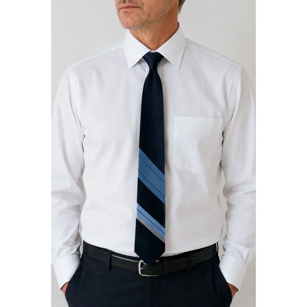 Pierre Cardin Mens Silk Necktie Navy Blue Light Blue‎ Grey Diagonal Stripe Tie
