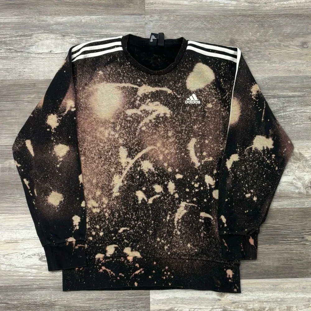 Adidas Black White 3 Stripes Bleach Dyed Mens M‎ Sporty Streetwear Sweatshirt