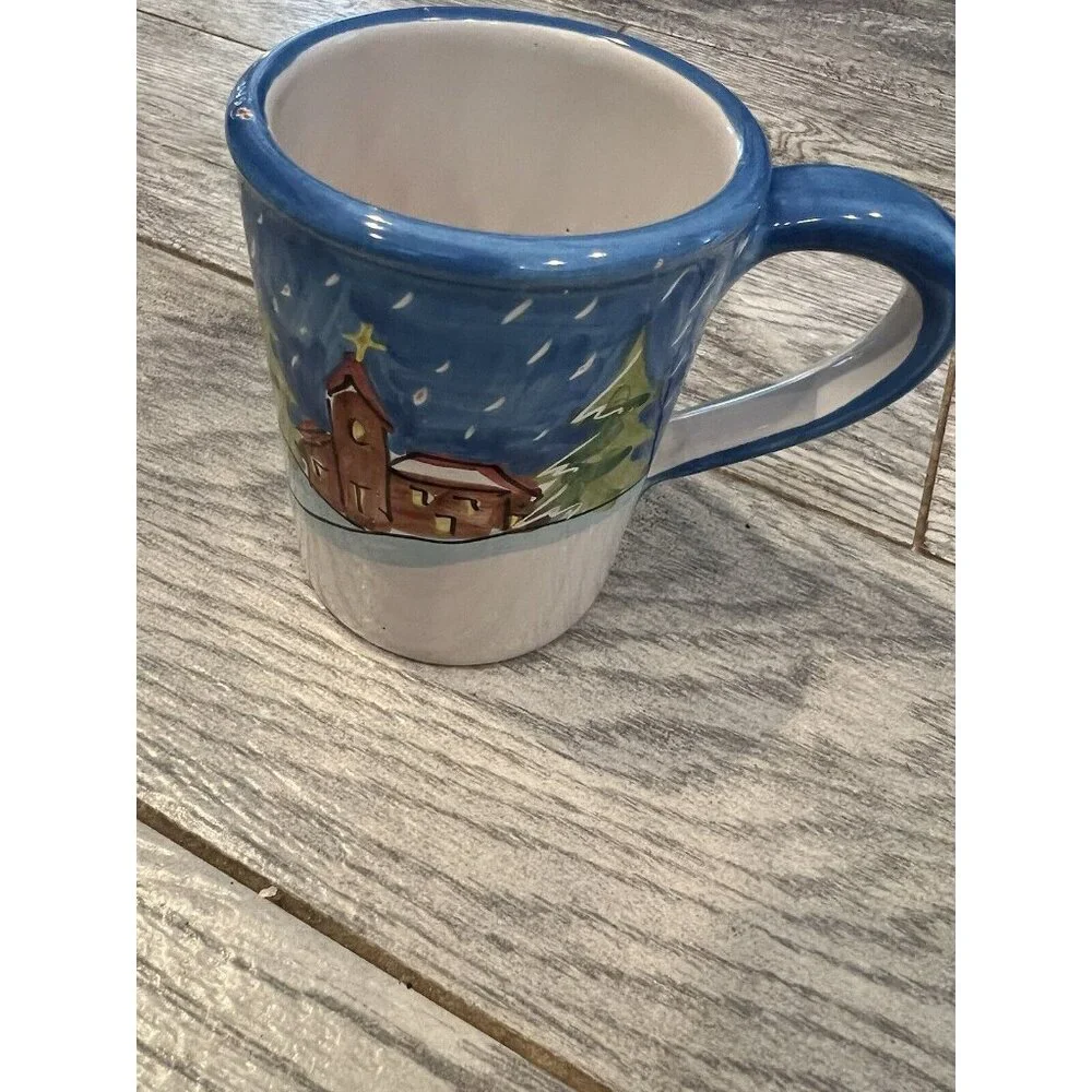 Vietri Coffee Mug Italy Hand Painted Tea Cup NWOT Winter Church Christmas DeFeCt