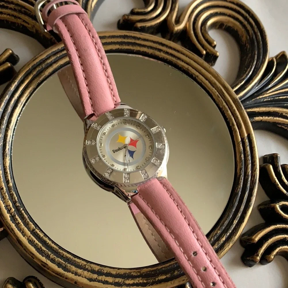 Pittsburgh Steelers Watch Game Time NFL Women Pink Leather Band silver tone