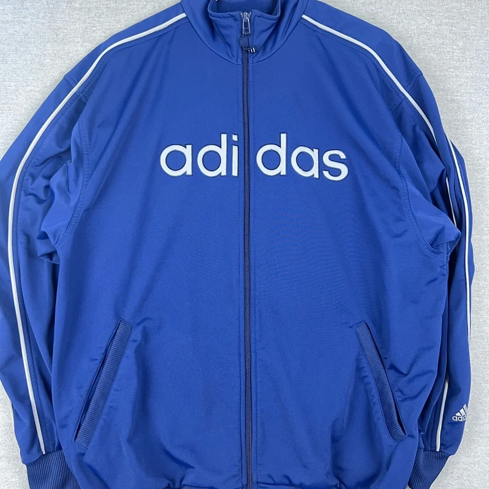 Vintage Adidas Jacket Mens Large Blue‎ Navy Track Zip-Up Logo Spellout Y2K