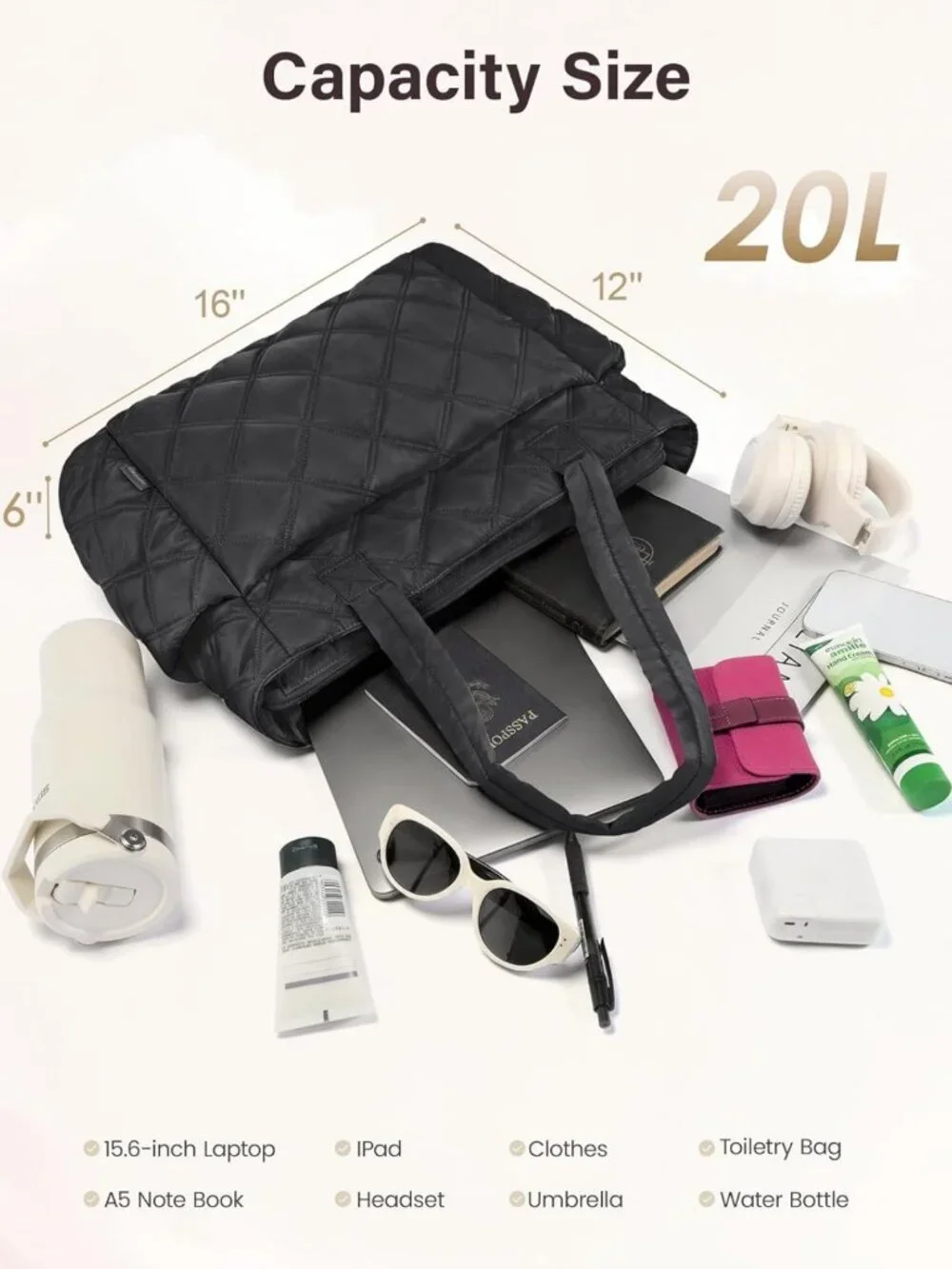 Lightweight Quilted Tote Bag for Women, Puffer Work Bag with Compartments