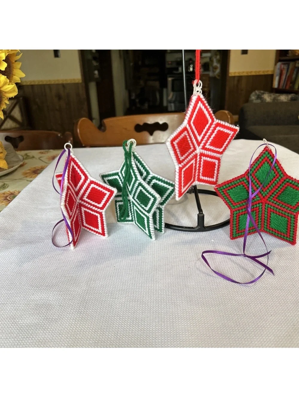 Handmade Red and Green Star Ornaments 3D- set of 4