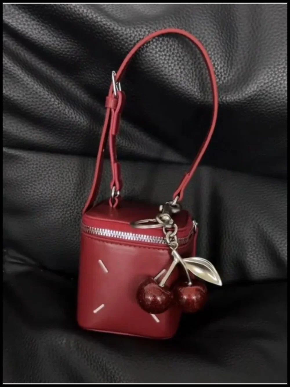 Cherry Bag Charm Keychain with Sparkling Glitter Resin & Gold Tone Hardware