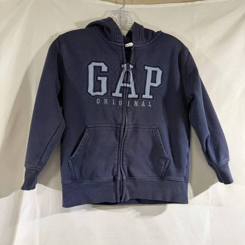 Kids Gap Original Logo Zip Up Hoodie Navy Blue Fleece Sweatshirt Boys Size M (8)